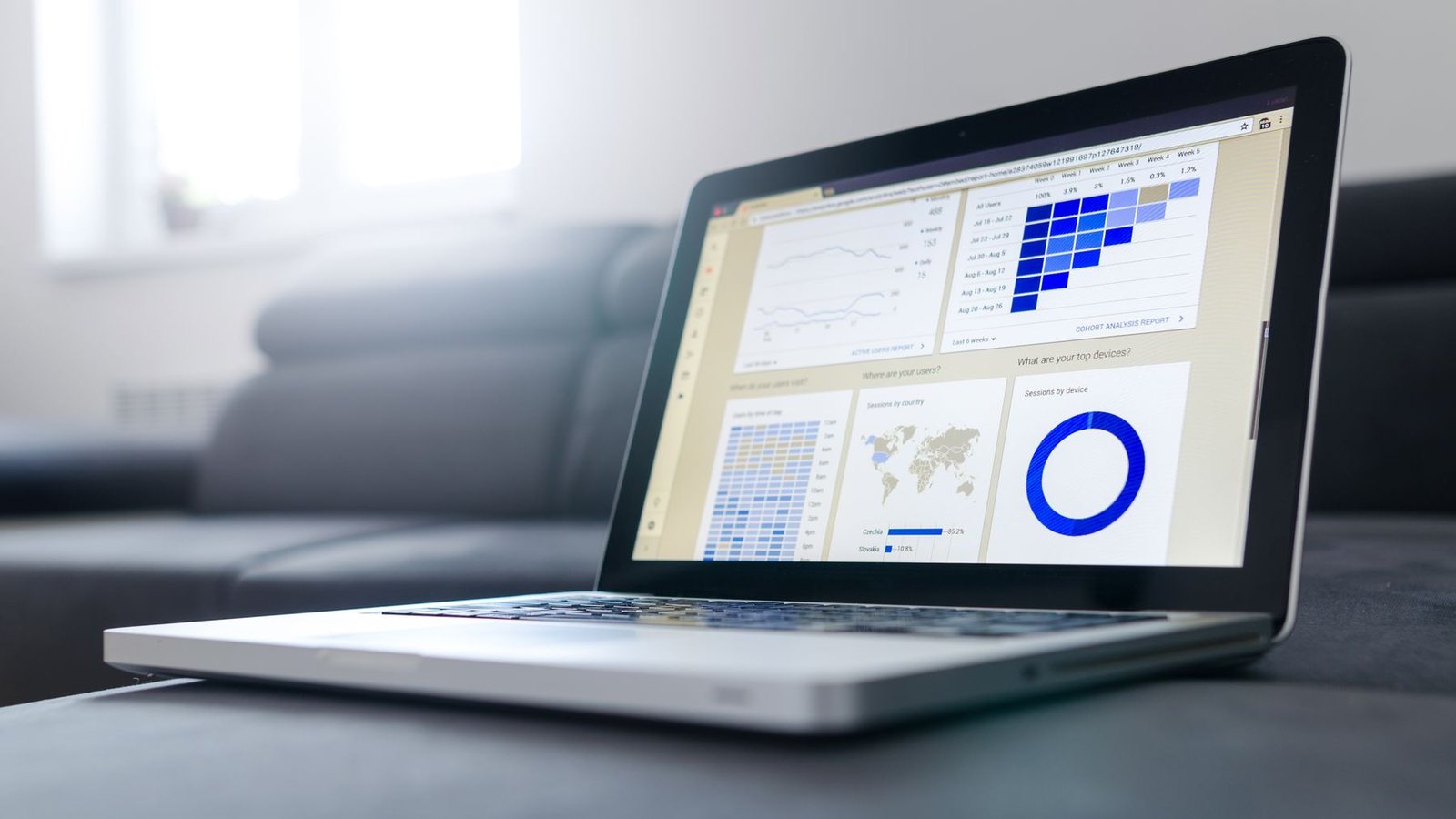 Laptop displaying data analytics charts and graphs